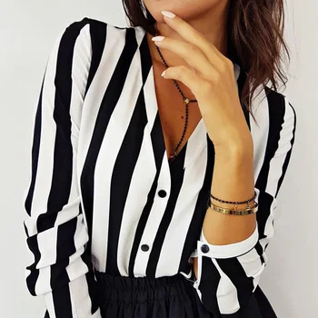 2021 New Blouse Women Casual Striped Top Shirts Blouses Female Loose Blusas Autumn Fall Casual