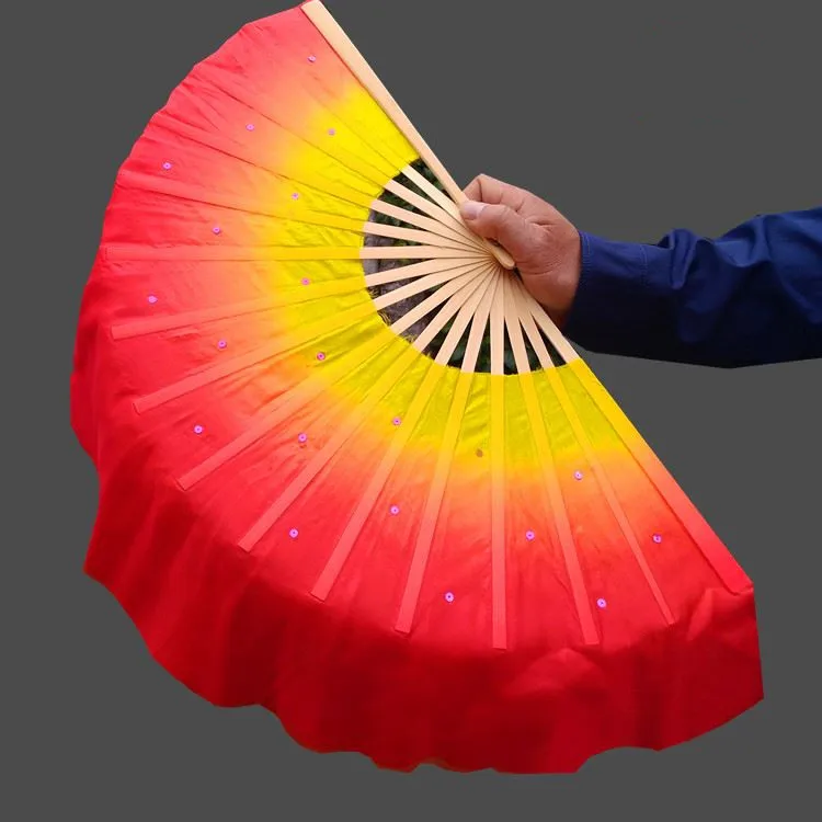 Yellow Red Индивидуальные белый фиолетовый градиент настоящий Шелковый веер вуаль пары 1" короткое, с блестками живота народные танцы Танцевальный веер половина круга в продаже - Цвет: Yellow Red