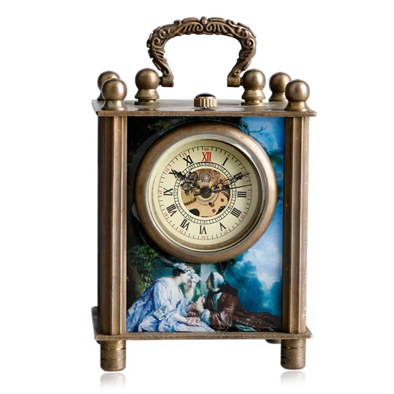 Antique Painted Carved Mechanical European Style Fashion Wind Up Hand Winding Desk Clocks Retro Trendy Unisex Gift Decoration