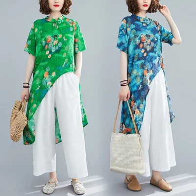 

Free Shipping Cotton And Linen Loose Pullover Two Piece Set Top And Pants Printing Vintage Irregular Elastic Waist Red Green