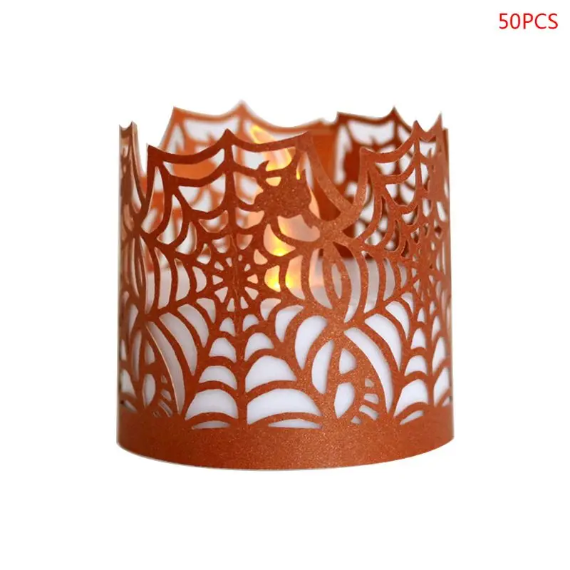 BZ 50Pcs Halloween Spider Web Paper Laser Cut Hollow Flameless Tea Light Candle Lampshade Holder Wedding Party Home Decor - Цвет: BZ