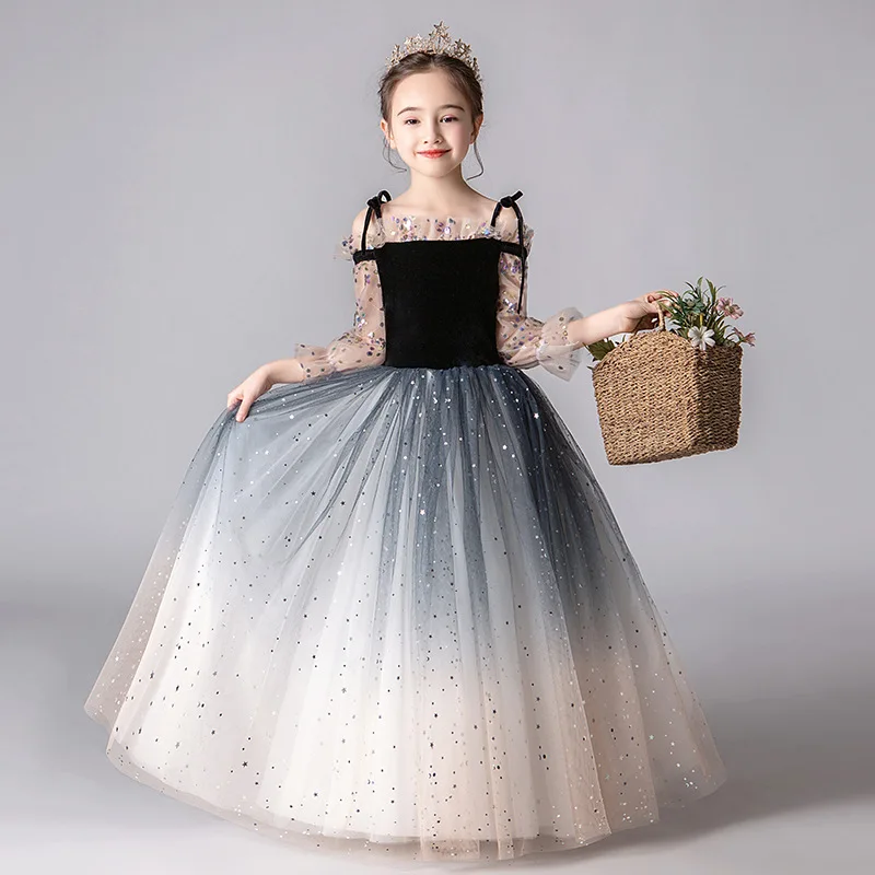 

POSH DREAM Star Sequins Flower Girls Wedding Party Dresses Navy Blue Gradient Vintage Princess Girls Holiday Birthday Dress