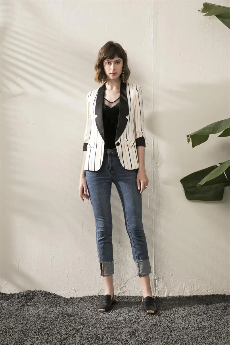 Элегантный Блейзер высокого качества дизайнерский Блейзер костюм для женщин 3/4 рукав в цветных блоках Полосатый куртка на одной пуговице NPB015S
