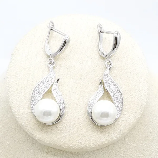 925 серебряные ювелирные наборы для женщин белый цирконий ожерелье серьги с белым жемчугом набор подарок для свадьбы дня рождения - Окраска металла: Earrings