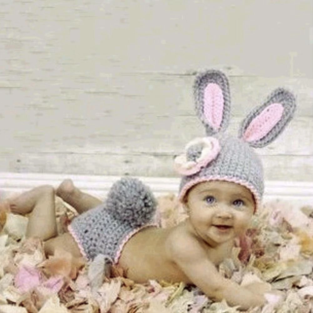 Newborn Baby Gray Rabbit Knit Crochet Clothes Hat Photo Photography Prop Outfit