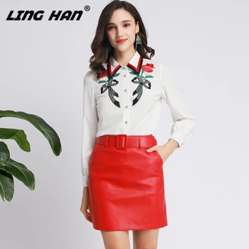 

LINGHAN Office Lady Sets Elegant Long sleeve Embroidery Shirt + Fashion PU A-Line Short skirt Two-piece set Designer New Women