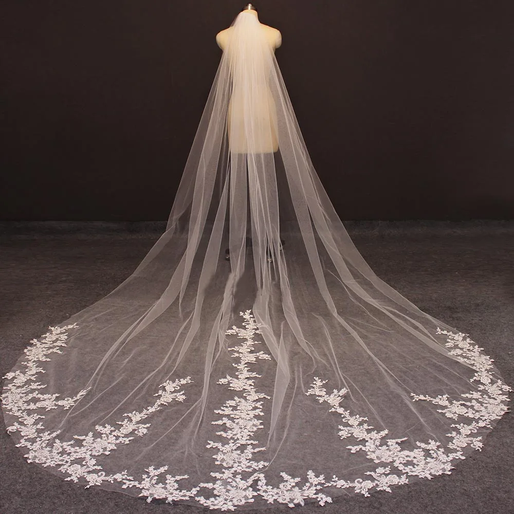 Long Lace Wedding Veil One Layer White Ivory 3.5 Meters Bridal Veil Voile Mariage Cathedral Veil with Comb new real photo 4 meters long voile mariage lace wedding veil tulle bridal veils with comb bride wedding accessories veu de noiva