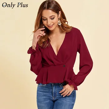 

Only Plus Office Lady Wine Elegant Solid Blouse Spring V-Neck Sexy Women Crop Tops And Blouses Workwear Autumn