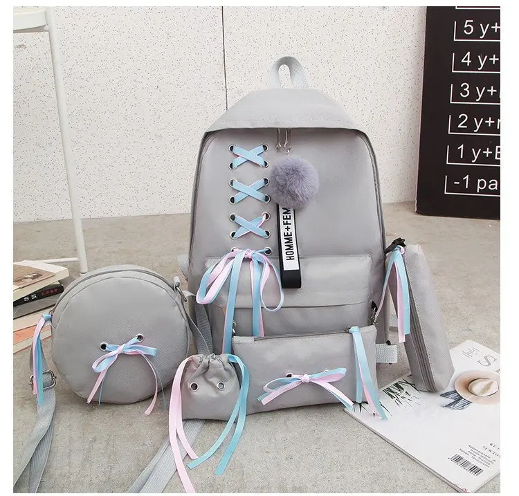 Women Backpack Korean Fashion Ribbon Bow 5pcs Cover Mother Bag Wild Large-capacity School Bag - Color: D