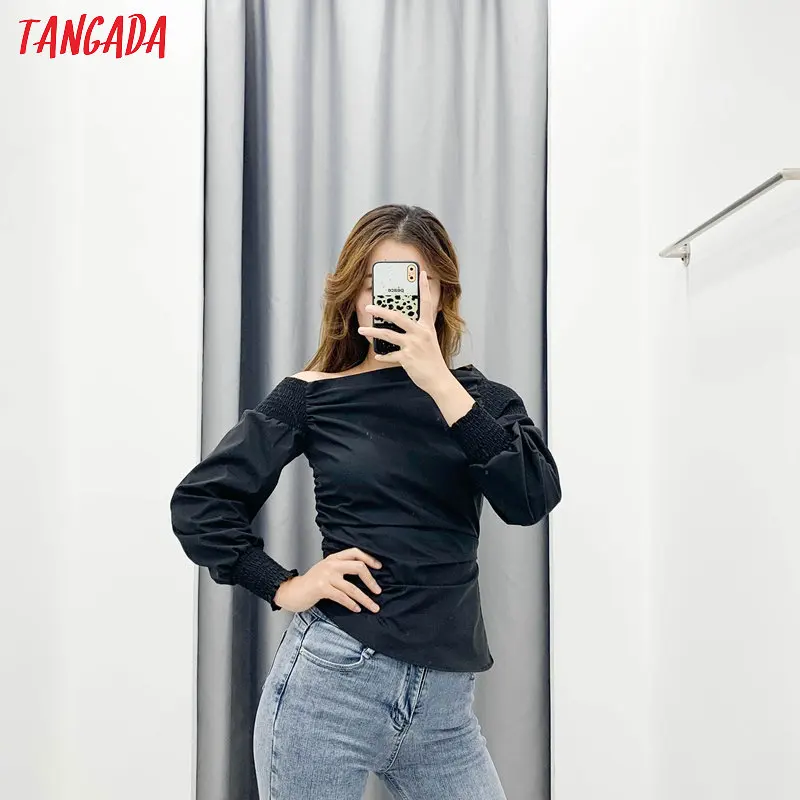 Tangada, Женская винтажная блузка с открытыми плечами, с длинным рукавом, Сексуальная плиссированная рубашка, Женские повседневные топы, blusas XN04