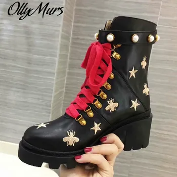 

Golden Bee Print Pearl Winter Boots Women Lace Up Ankle Boots Shoes Feminina Metal Decor Leather Martin Bottes Femme Short Boots