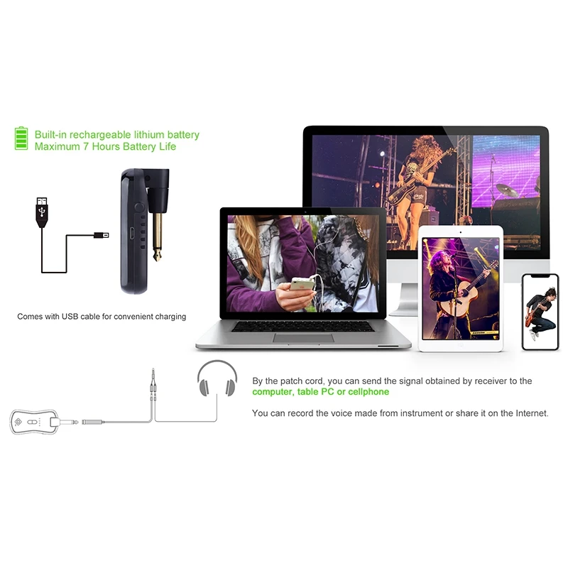 Wireless Guitar System Guitar Pickup Built-In Rechargeable Battery 30M Transmission Range Electric Guitars Transmitter Receiver