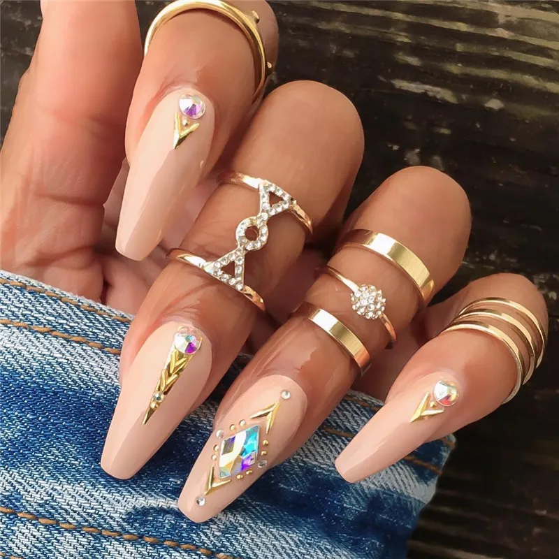 

ALYXUY 5Pcs/set Bohemia Crystal Ring Simple Hollow Punk Personality Knuck Gold Color Open Ring Women Wedding Anniversary Gift