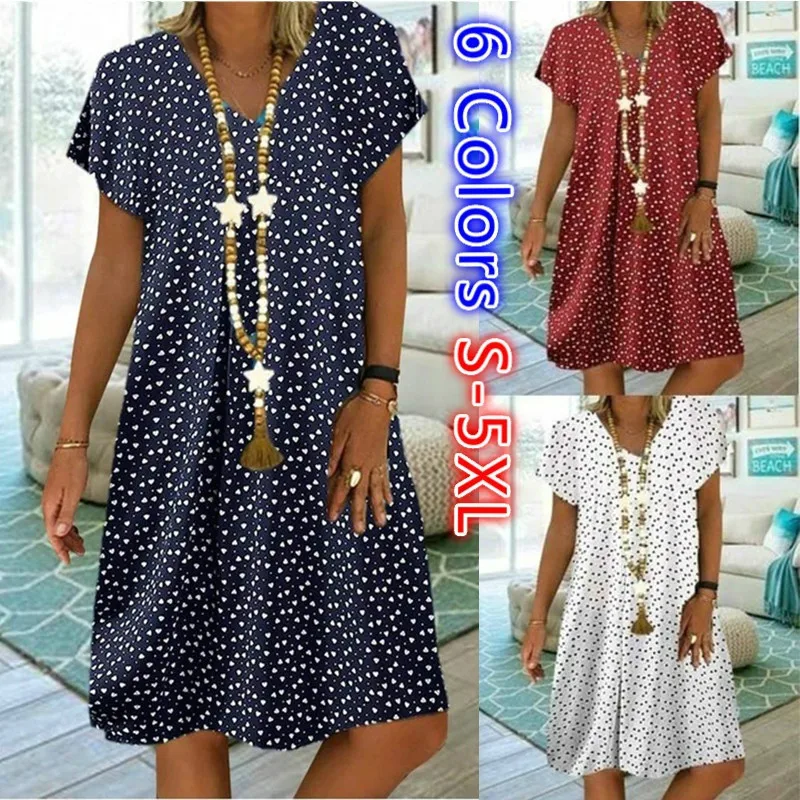 Womens Loose Casual Dress 2020 Summer Short Sleeve Heart Printed Dresses Plus Size V Neck Wave Point Beach Party Women | Женская одежда