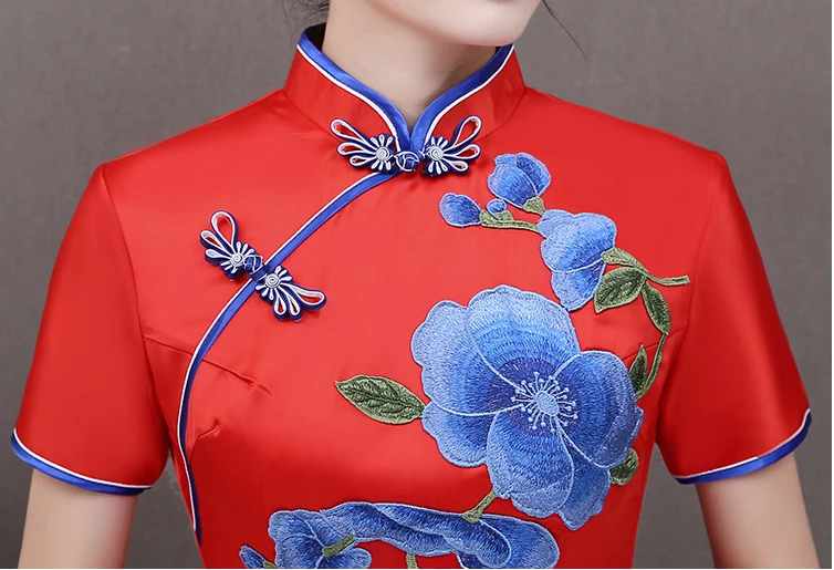 Красное сексуальное женское длинное платье Cheongsam в традиционном китайском стиле с коротким рукавом Qipao тонкое вечернее платье на пуговицах Vestido S-5XL