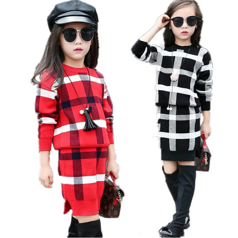 Girls Clothing set Autumn Girls Clothes Long Sleeve Plaid Knitted Sweater Skirt Suit Children Costume Kids Tracksuit 10 12Y