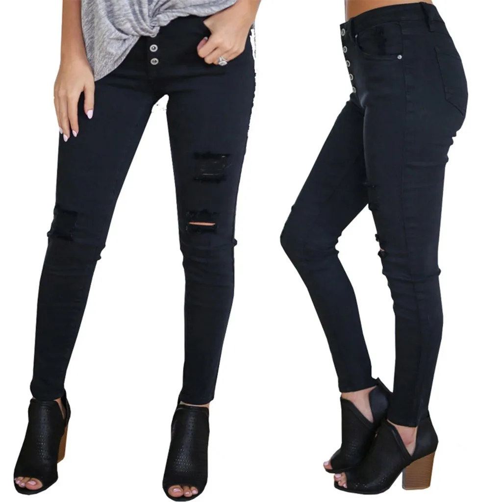 

Jeans Women Summer 2020 Fashion Bohemia Women's High Waist Jeans Pockets Hole Solid Jeans Ripped Jean femme  