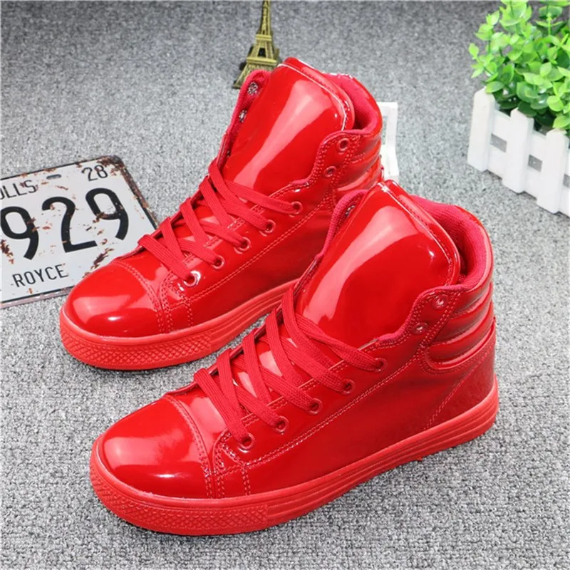 

New Arrival Spring Leather High-top Shoes Men Unisex Fashion Shoes Flat Lace-up Sneakers Couple Walking Shoes Black White Red