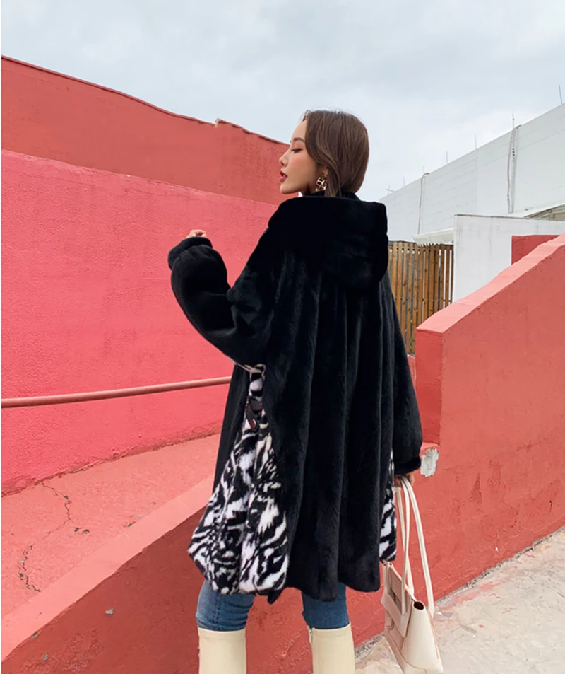 Ftangaiur Winter Import Velvet Mink Coat Embroidered With Fur Hood Loss Natural Fur Coat Women's Medium Real Mink Fur Coats