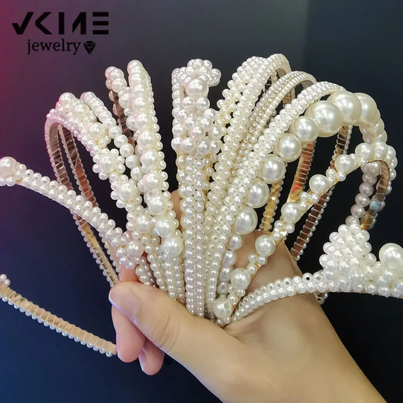 

VKME Pearl Headwear Hair Accessories Headband Handmade Line Beaded Headband Girl Pressing Hair Head Button Hair Accessories