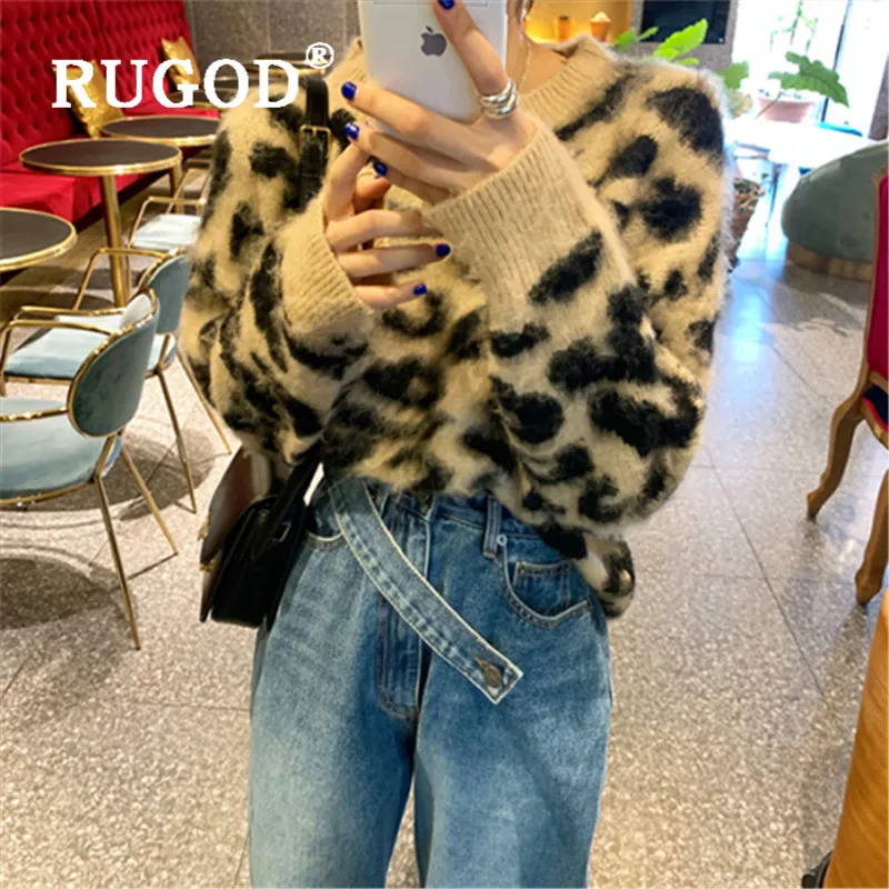 Свитер женский RUGOD, модный свитер с леопардовым принтом, женский толстый теплый мохеровый вязаный пуловер с круглым вырезом, осенне-зимний свитер для женщин кофта женская