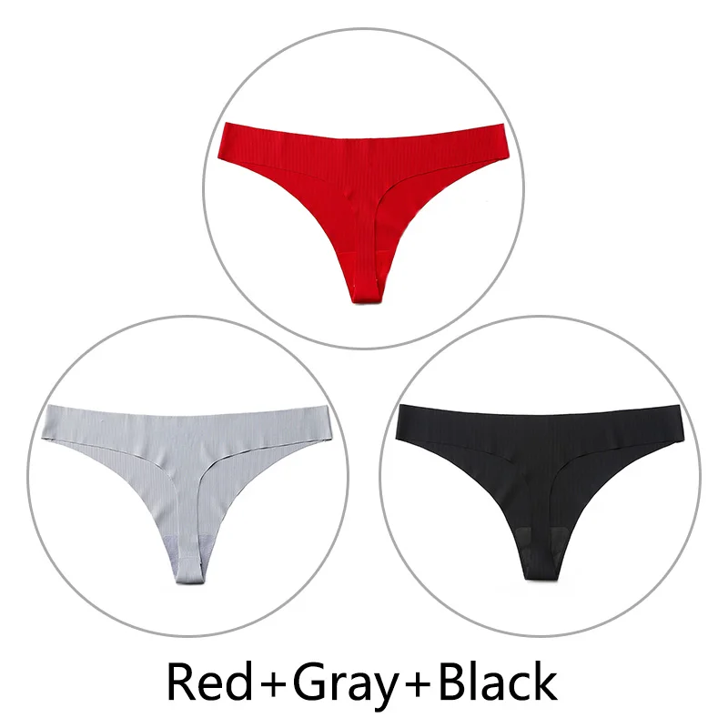 Red Gray Black 3 шт./партия, стринги в полоску и стринги, сексуальные бесшовные трусики, нижнее белье, цельное нижнее белье с низкой посадкой, однотонные XS-L, большие размеры США - Цвет: Red Gray Black