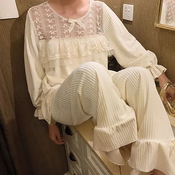 

Autumn Winter Women White Striped Velvet Pajama Sets.Embroidered Lace Tops+Long Pants.Vintage Pyjamas Set.Sleepwear Loungewear