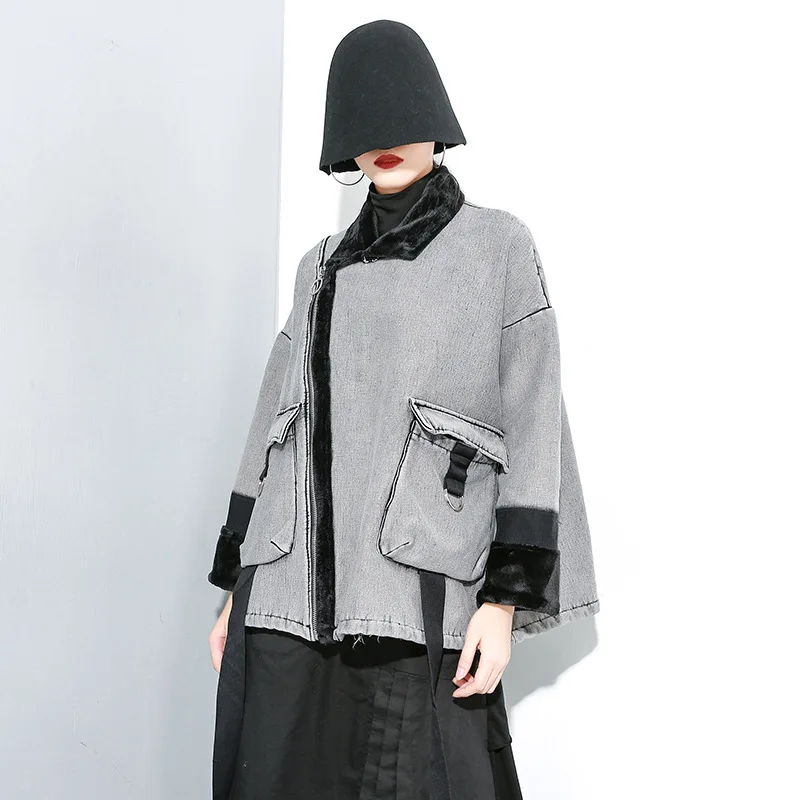Корейский стиль, женская зимняя теплая куртка размера плюс, пальто с карманами и застежкой-молнией, бархатная подкладка, Женская винтажная серая куртка, верхняя одежда J208