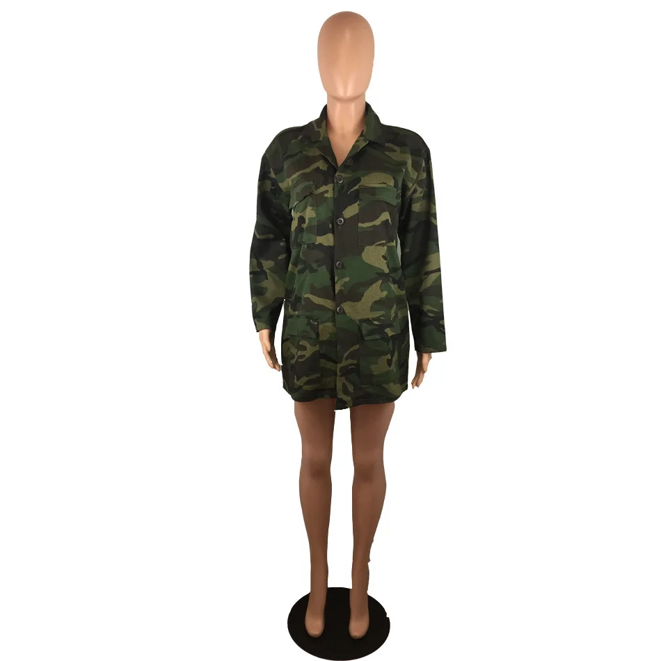 Women's Green Camouflage Long Jackets Plus Size Long Sleeve Camo Streetwear Coat femme