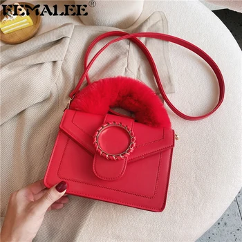 

Women Winter Plush Handle Shoulder Bag New Luxury Designer Lock Handbag Lady Simple Fuzzy Solid Color Crossbody Bag Square Purse