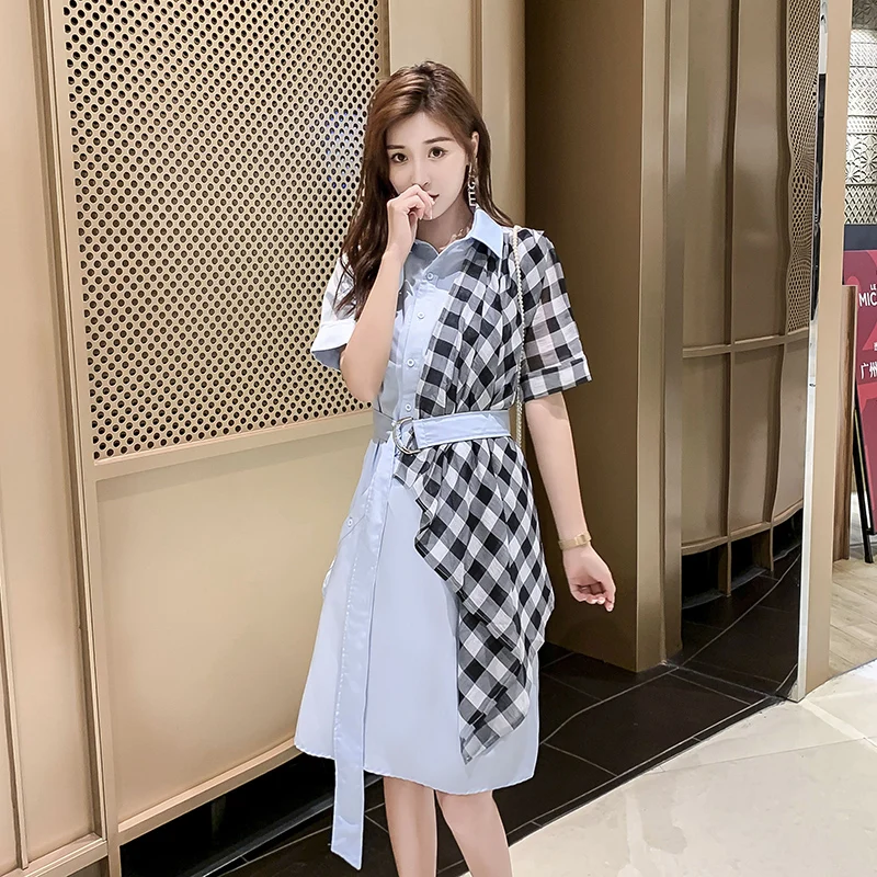 HAMALIEL High Street Лето Хит цвет рубашка платье Модные женские белые красные Лоскутные плед отложной воротник ofce OL ремень платье