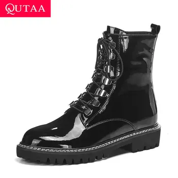 

QUTAA 2020 Sewing Cow Leather Square Heel Antiskid Ankle Boots Round Toe Fashion Platform Lace Up Zipper Women Shoes Size 34-39