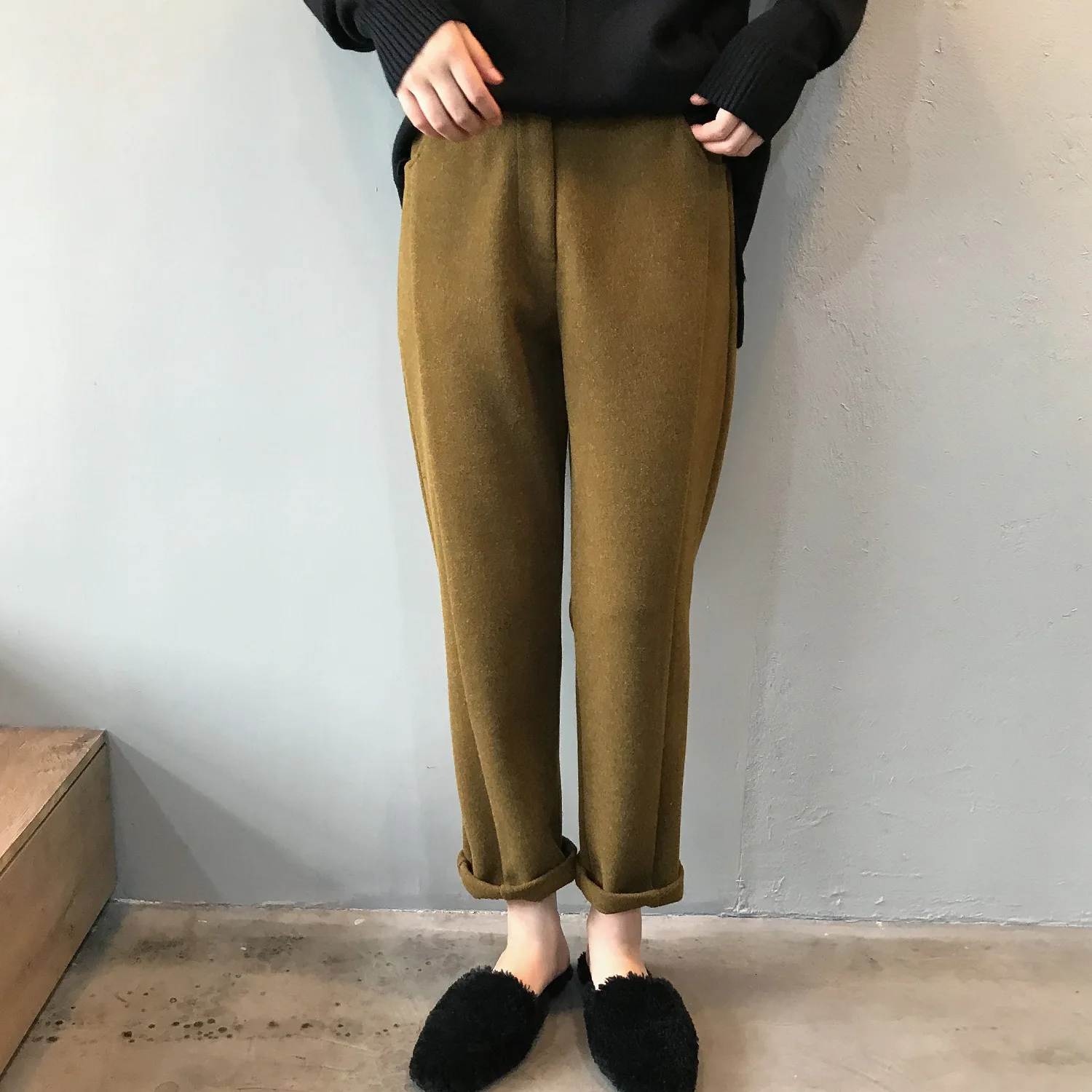Mooirue осень Pantalon Femme Ol Haren утолщение шерстяные широкие брюки женские брюки