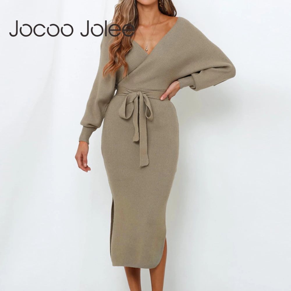 

Jocoo Jolee Women Sexy V Neck Backless Knitted Dress Autumn Winter Batwing Sleeve Sweater Midi Dress Elegant Split Bodycon Dress