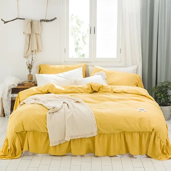 

Yellow White Gray Green Blue Washed Cotton Girl Bedding set Solid Color Ruffles Duvet Cover Bed Linen Fitted Sheet Pillowcases
