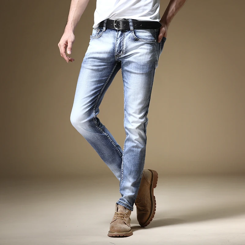Men Stretch Light Blue Jeans Fashion Cotton Straight Slim Fit Pants Casual Streetwear Denim Trousers Jeans Aliexpress