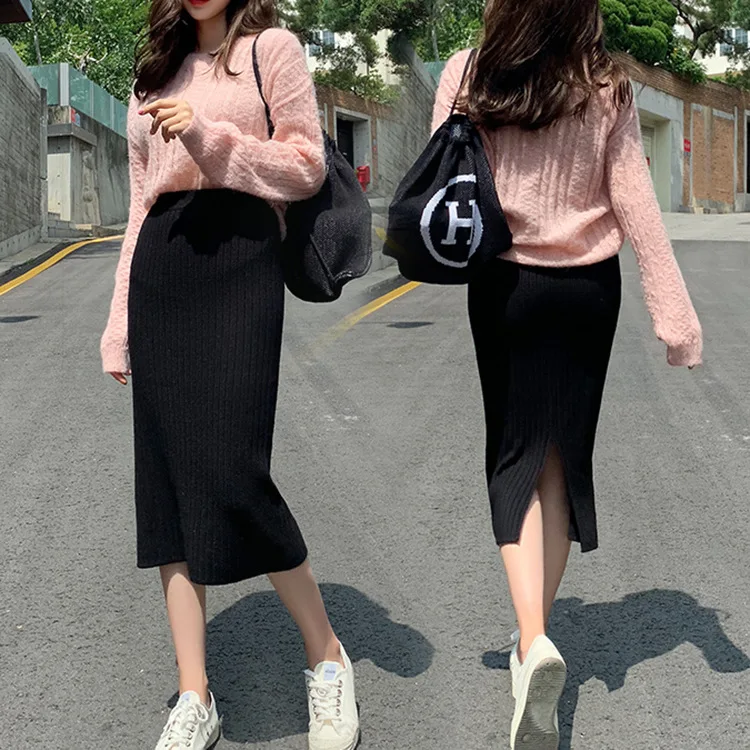

Knitted Skirt New Style for Autumn and Winter Solid Color High Waist Bag Hip Skirt Women Clothes Korean Fashion Clothing