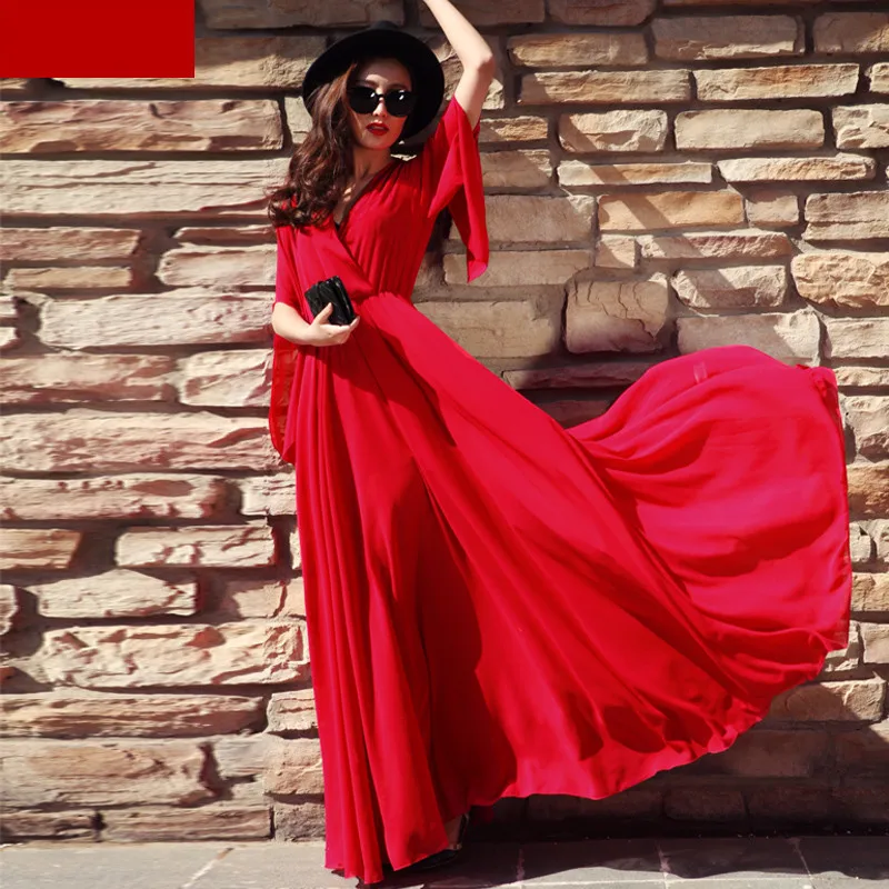 Maxi Europese Dames Jurken V-hals Rode Jurk Chiffon Flare Mouwen Boho Slanke Vrouwen Zomer Jurk 2020 Hot Koop Vestidos FYY462 Maxi Europese Dames Jurken V-hals Rode Jurk Chiffon Flare Mouwen Boho Slanke Vrouwen Zomer Jurk 2020 Hot Koop Vestidos FYY462
