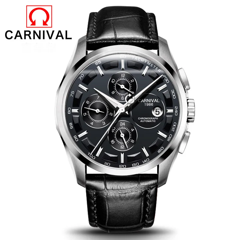 Leather Silver Black Швейцарский бренд, автоматические механические мужские наручные часы, модные роскошные часы с кожаным ремешком, водонепроницаемые сапфировые часы relogio - Цвет: Leather Silver Black