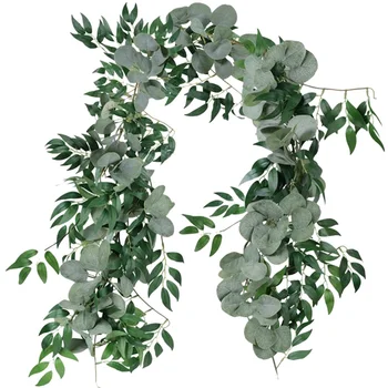 

2M Mixed Artificial Silver Dollar Eucalyptus Leaves and Willow Leaves Vine Wreath Wedding Arch Background Green Garland