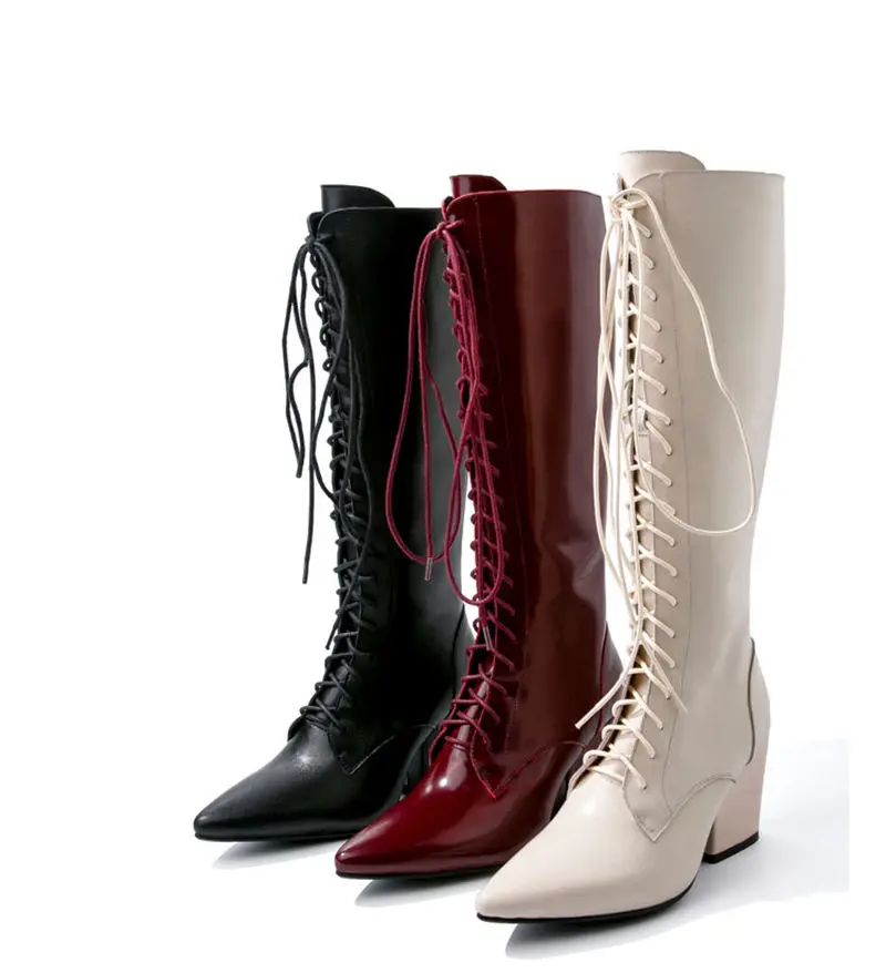 Boots women Genuine Leather pointed fashion boots women's lace-up knee high boots top layer leather patent leather features