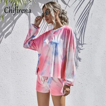 

Chifirena Autumn Tie Dye Women Suit Homewear Long Sleeve Button Tops Drawstring Shorts 2 Piece Set Sleepwear Woman Nightclothes