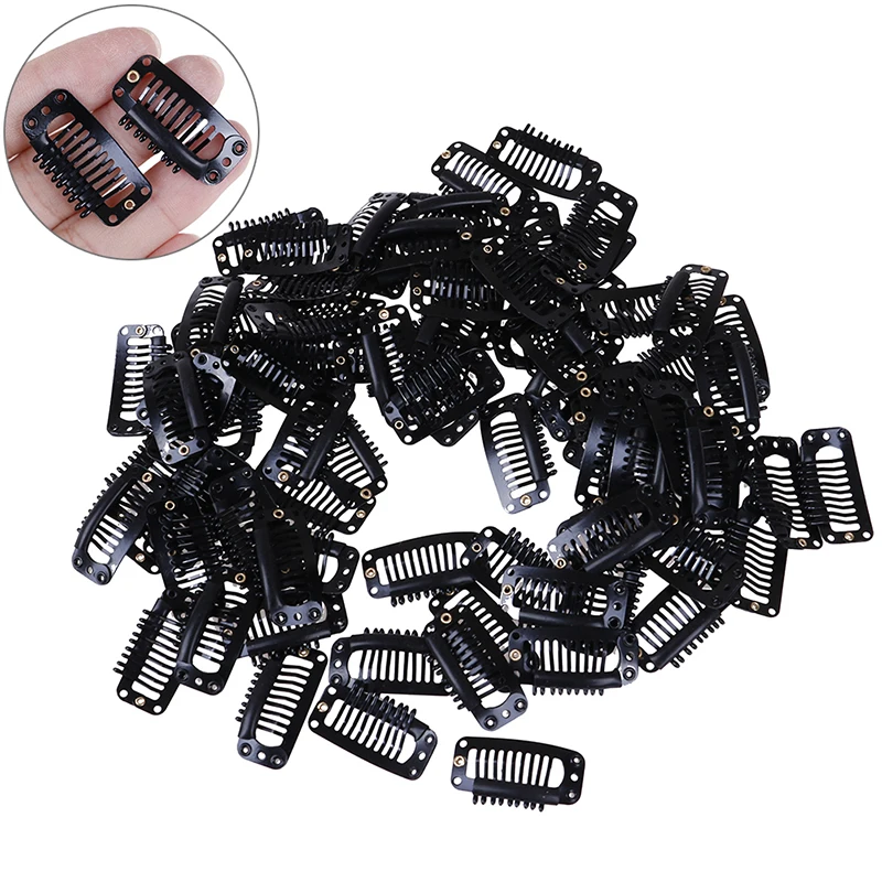 10/100Pcs Rubber Wig Clips For Hair Extensions Black 3.3CM 9 Claws Wig Combs Hair Clips For Weave Extensions U/Wire Shape Clips