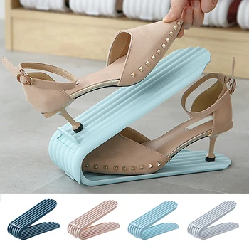 

2pcs Non Slip Double Layer Easy Clean Plastic Space Saving Shoe Slots Organizer Storage Holder Stand Adjustable Height Wardrobe