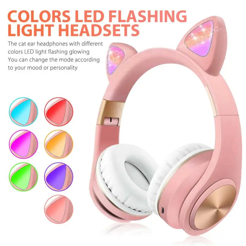 Kids Bluetooth 5 0 Headphones LED Light Cat Ears Headset Wireless Headset HIFI Stereo Bass Headphone For Phones With Microphone
