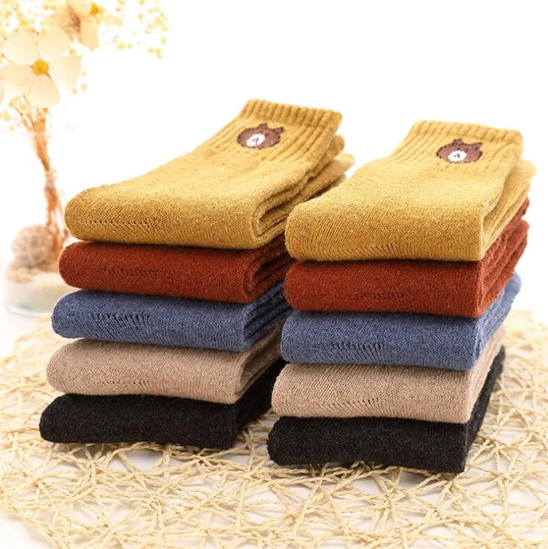 5 пар/лот осень зима толстые шерстяные носки женские мультяшный коричневый медведь супер толстые теплые зимние носки женские повседневные носки-Тапочки