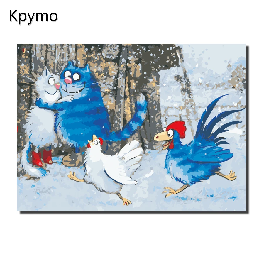 Kpymo Синий Белый Кот Безрамная картина картины по номерам на холсте настенные