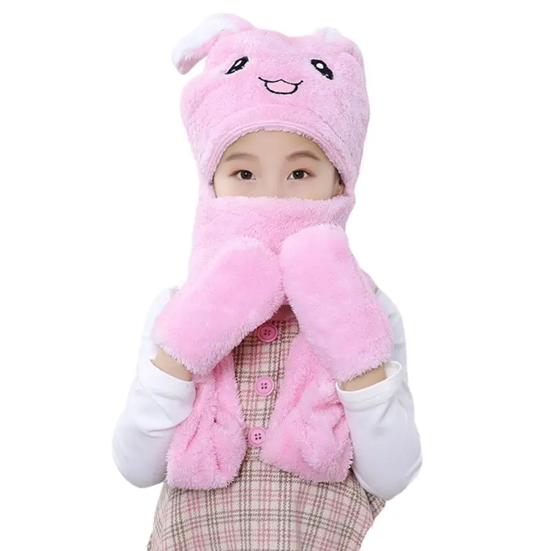 Pink Rabbit 3в1 детская зимняя шапка с мультяшными животными, плюшевая теплая шапка-ушанка, шарф с перчаткой - Цвет: Pink Rabbit