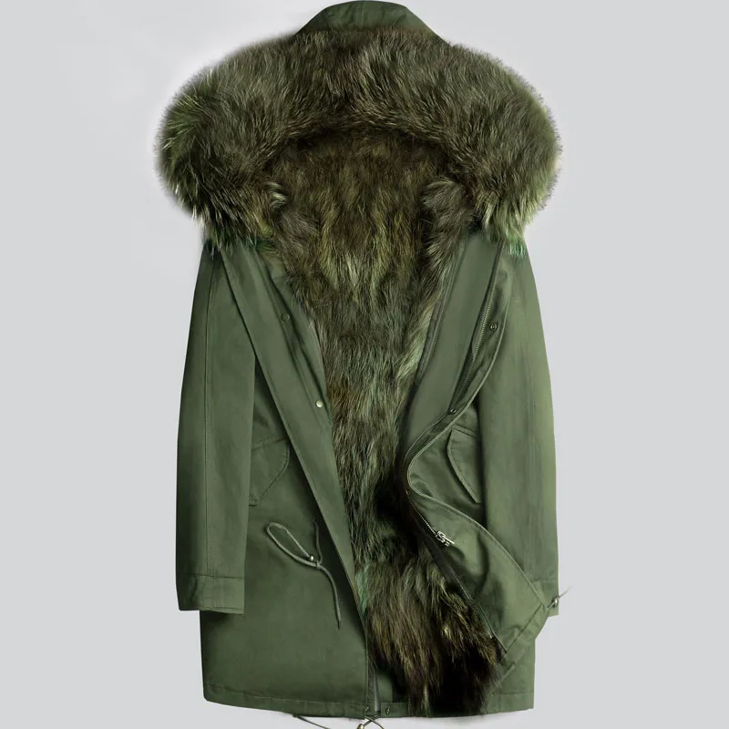 Пальто из натурального меха, Мужская парка, зимняя куртка, Мужская одежда, натуральный мех енота, пальто, Теплые Длинные куртки размера d размера плюс 5xl LSY80391 - Цвет: green-green fur