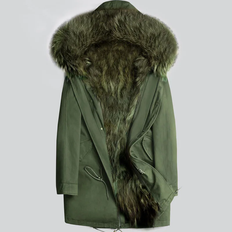 green-green fur Пальто из натурального меха, Мужская парка, зимняя куртка, Мужская одежда, натуральный мех енота, пальто, Теплые Длинные куртки размера d размера плюс 5xl LSY80391 - Цвет: green-green fur
